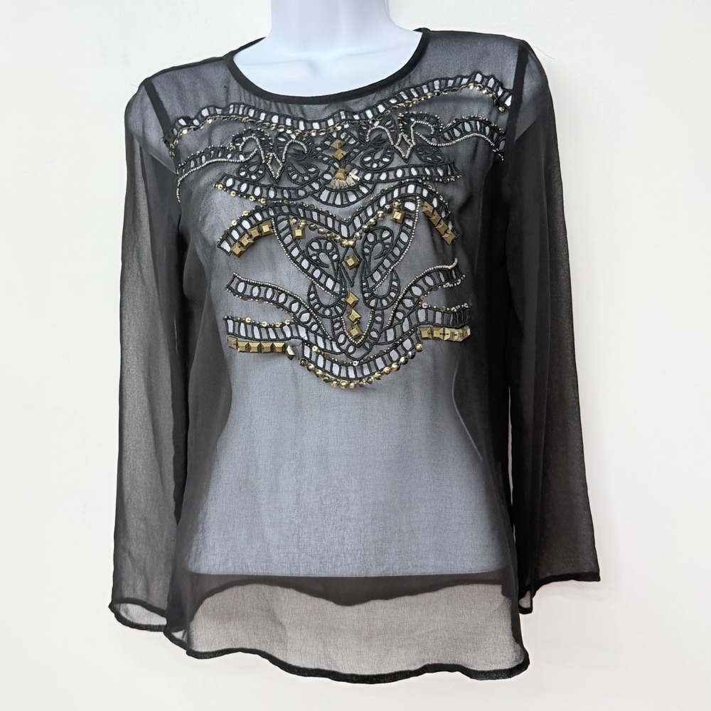 Beaded Sheer Black Top Small Boho Embellished Festival Whimsigoth Fairy Y2K Edgy